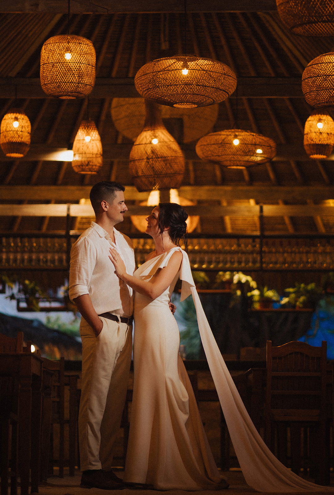 A couple dancing during their wedding at Hai Ri Zen Restaurant in Hai Tide Beach Resort